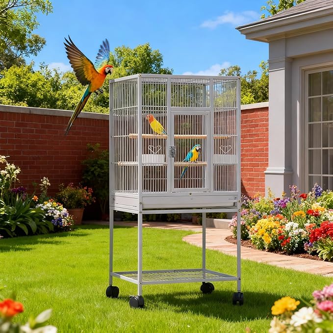 52'' Wrought Iron Birdcage with Detachable Rolling Stand & Feeder, Large Bird Cage with Secure Lock & Slide-Out Tray, Indoor Outdoor Bird Cage on Wheels,Parrot Cages for Parakeets, Pigeons, White