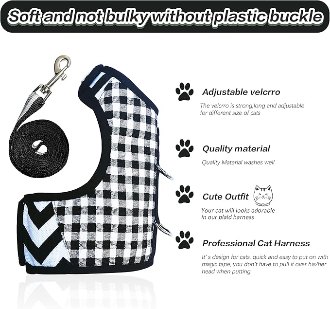 Cat Harness and Leash for Walking Escape Proof, Adjustable Cat Vest Harness, Padded Stylish Cat Walking Jackets, Black Plaid, Small