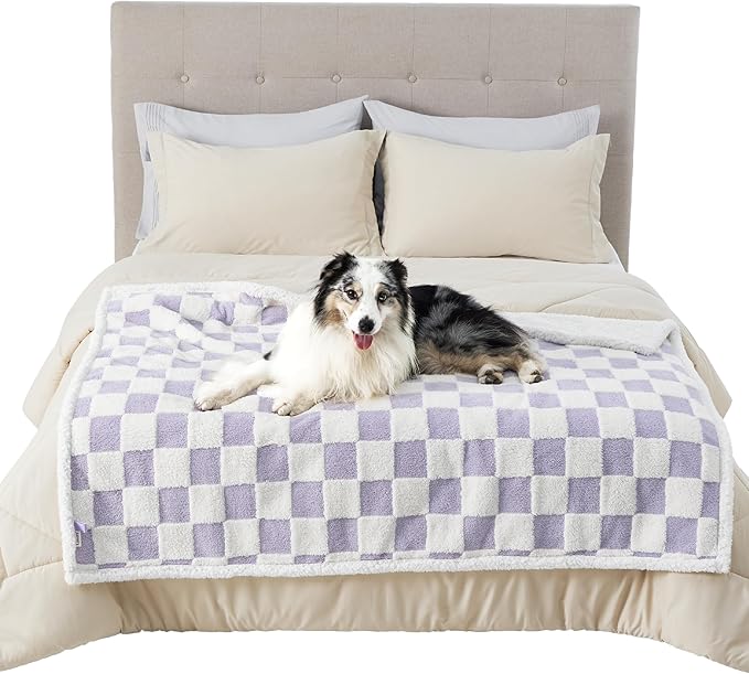 LE SURE Waterproof Dog Blanket for Large Dogs - Washable Double Sided Dog Blankets with Warm Jacquard Shag and Soft Sherpa Fleece, Pet Cat Blanket for Bed Couch Protection, 3D Textured Checks, Purple