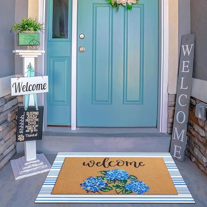 Tinideya 2 Pcs Hydrangea Door Mat Blue and White Stripe Welcome Non Slip Flower Coir Mats Floor Layering Floral Doormats Seasonal for Front Porch Entryway Decor(Blue Flower)