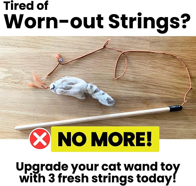 Replacement Strings for Cat Wands, 3 Pieces - Chew-Proof Metal Wire, Durable No Tangle Transparent Fishing Line and Paracord String - Heavy Chewers Refill Strings with Universal Clasps for All Toys