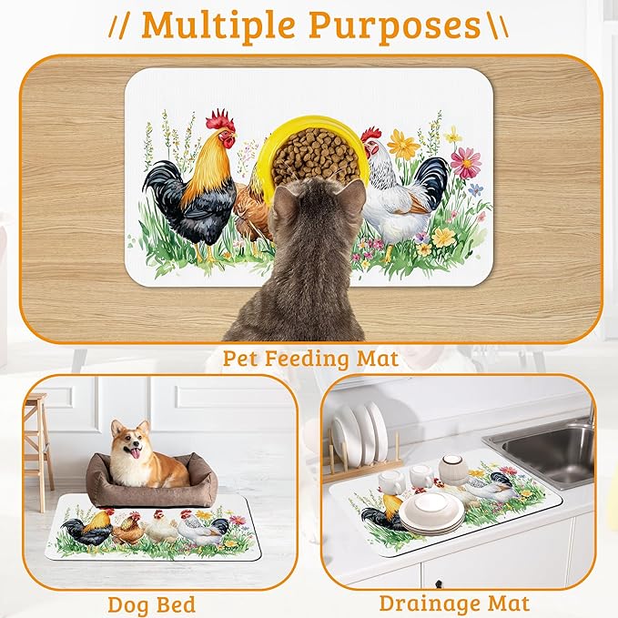Chicken Rooster Dog Cat Food Mat,Green Grass Absorbent Waterproof Placemat for Food and Water Non Slip Rubber Backing Durable Feeding Pad for Clean Floors 12" x 20"