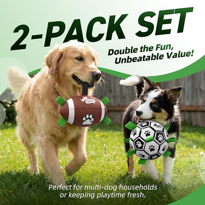 QDAN Dog Soccer Ball Football Set - 2 PCS Dog Balls with Strap for Tug of War, Soccer Ball Football Toys for Small Medium Large Dogs, Herding Ball for Dogs, Dog Birthday Toy