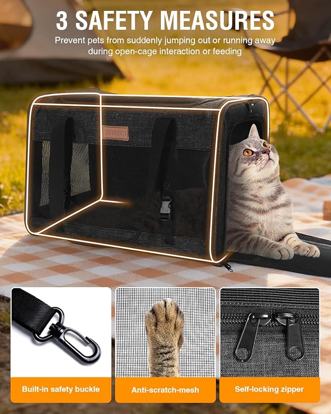PETUX Large Pet Carrier for Large Cats ＆ Small Dogs - Up to 20Lb, Top and Side Entry, 4 Side Breathable, Foldable Soft Cat Travel Carrier with Safety Car Seat Buckle and Anti-Scratch Mesh - Black