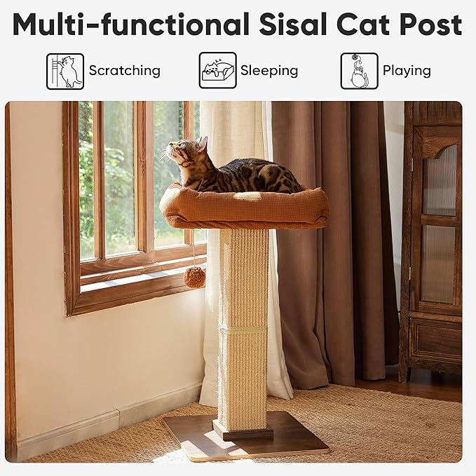 FUKUMARU Cat Scratching Post, Retro-Style Tall Scratch Posts with Perch for Infoor Cats Adults, Large Cat Scratcher Tower with Bed, Natural Sisal & Solid Wood