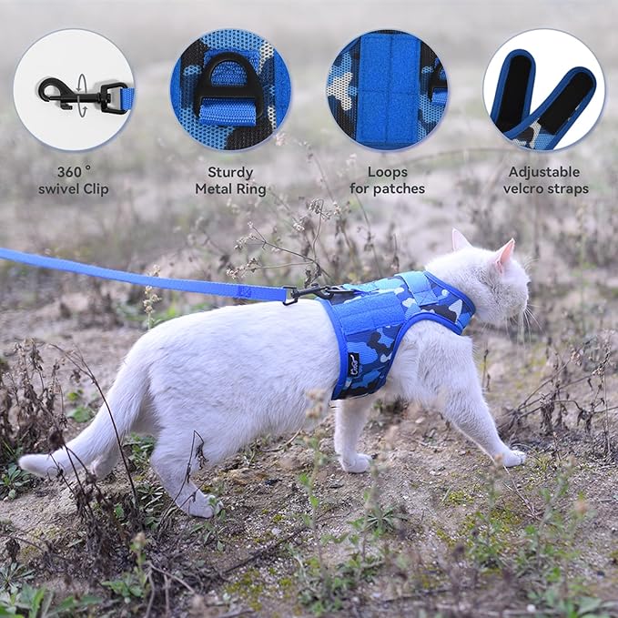 Tactical Cat Harness and Leash for Walking Escape Proof Breathable Mesh Fabric, Ocean Camo, X-Large, Adjustable Cat Walking Jackets, Padded Stylish Cat Vest