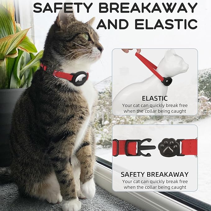 AirTag Cat Collars, Stretchy Collar with Apple AirTag Holder and Bell, Breakaway Ultra Design Elastic GPS Tracking Collars for Cats and Puppies, (7.5-12.5 Inch), Red