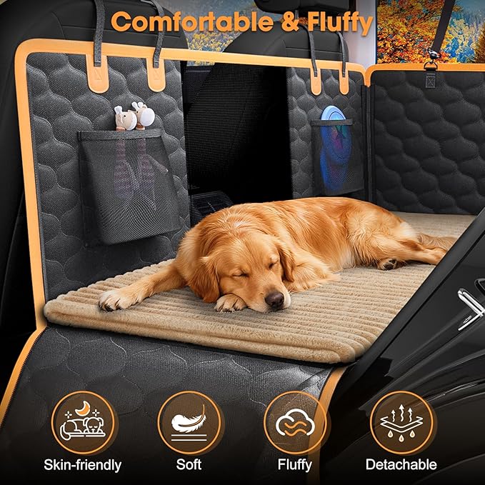 FURTIME Backseat Pet Bed Mat, Non-Slip Dog Bed for Car Back Seat, Washable Travel Pet Mat with Removable Cover, Dog Seat Covers Protector Fit for Backseat Extenders and Trucks SUVs, 54"x 24.8", Brown