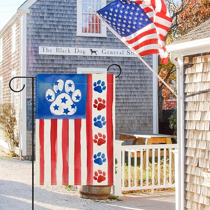 Dyrenson 4th of July Dog Cat Paw Prints Decorative Garden Flag, Patriotic America Watercolor Yard Outside Home Decorations Pet Lover Gift, American USA Burlap Outdoor Small Decor Double Sided 12 x 18