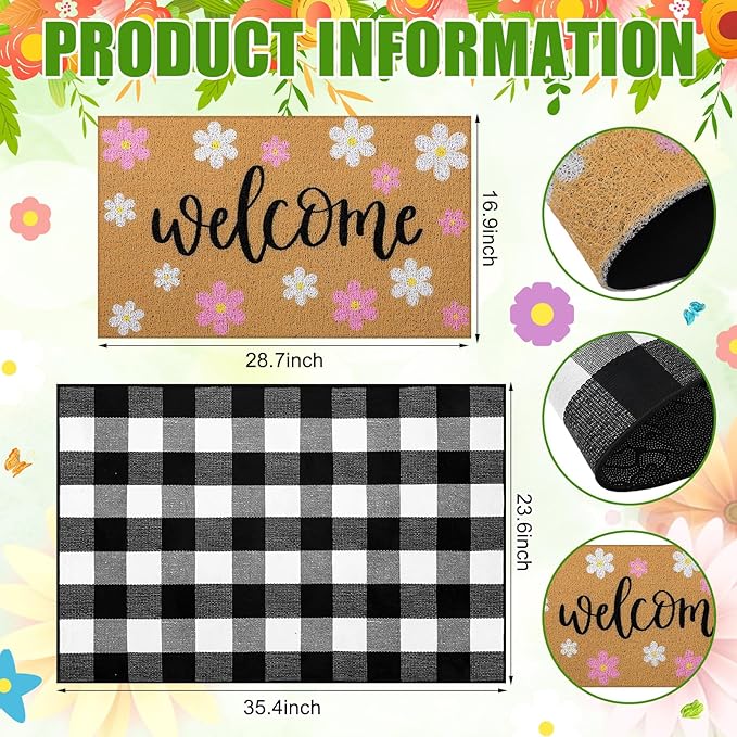 Tinideya 2 Pcs Spring Welcome Door Mat Outdoor Pink Flower Doormats for Front Door Non Slip Floral Layered Coir Mat Black White Check Spring Rug for Outside Front Porch Entryway Decor