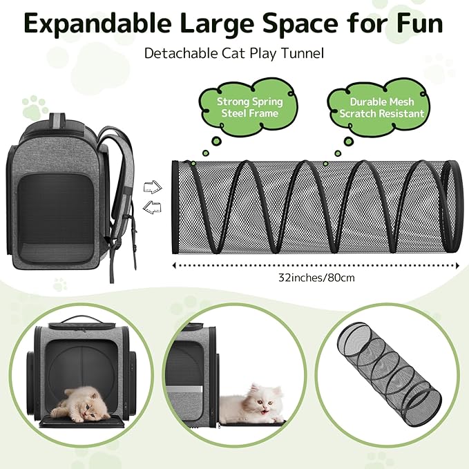 Cat Backpack with Detachable Play Tunnel, 2 in 1 Cat Tunnel Backpack Suitable for Carrying & Playing, Expandable Dog Backpack for Small Medium Kitten Puppy, Suitable for Travel Hiking Camping
