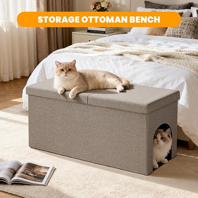 3-in-1 Cat Litter Box Enclosure with Odor Control, Multi-Functional Hidden Litter Box Furniture Bench, Dog Proof, Space-Saving Ottoman Cabinet with Flip-Up Lid, Storage Footrest, Light Grey
