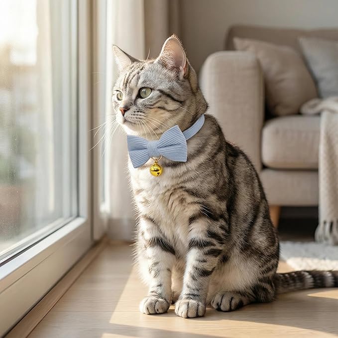 THAIN Cat Collar with Bow Tie and Bell, Breakaway Adjustable Cute Soft Corduroy Kitten Collars Safety Buckle for boy Cats(Solid Light Blue)