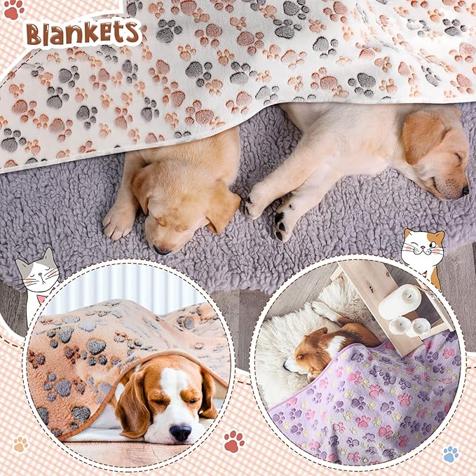 Tatuo 4 Pcs Dog Blanket for Pet Cat Blankets Indoor Puppy Teething Stuff Toys Paw Print Fleece Soft Blanket Sleep Mat for Guinea Pig Cage(White, Coffee, Pink, Purple,Large(36 x 36 Inch),Square)