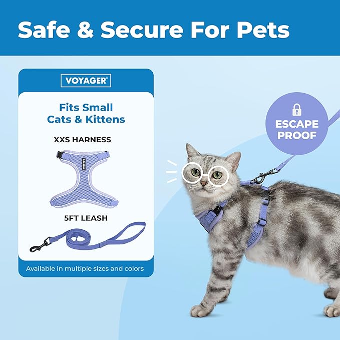 Voyager Escape-Proof Step-in Lock Cat Harness & 5ft Neoprene-Handle Leash Set All-Weather Mesh with Reflective Stitching for Small to Large Cats by Best Pet Supplies, Lavender (327), XXS