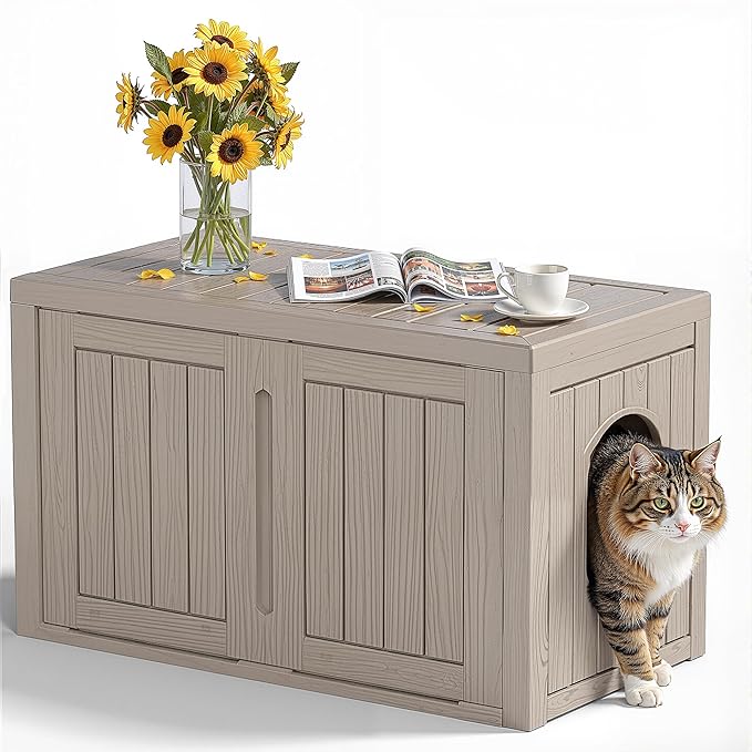 Cat Litter Box Enclosure,Multi-Functional Hidden Litter Box Furniture Cabinet with Adjustable Partition & Side End Table, Indoor Outdoor Cat House with Double Doors,Easy to Clean & Assemble, Gray