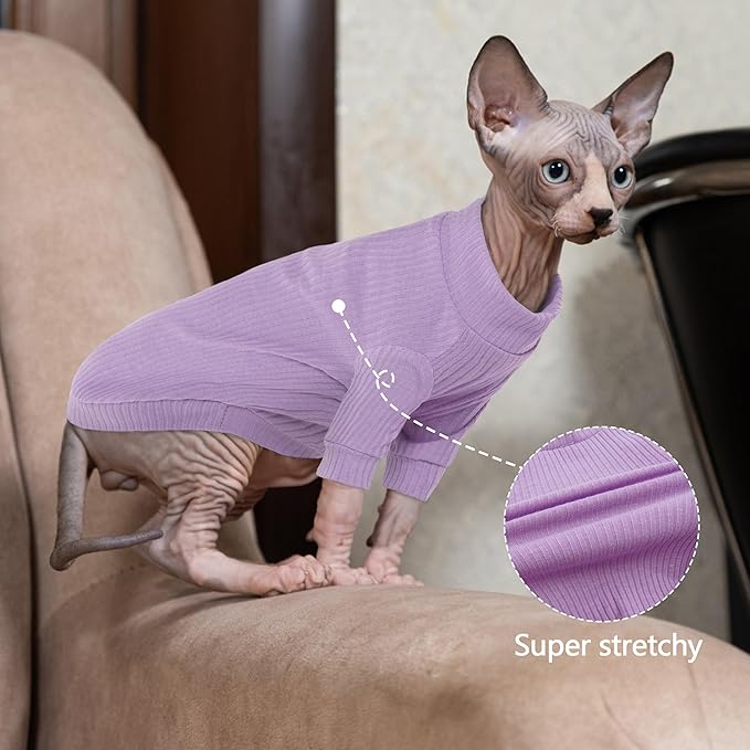 PUMYPOREITY Stretchy Cat Shirt, Sweater With Sleeves, Soft Clothes for Sphynx Hairless Cats, Devon Rex - Purple, S