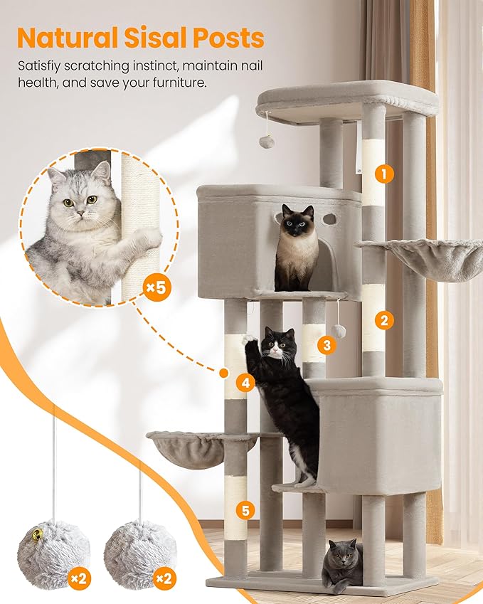 Extra Large Cat Tree, 84 Inch XXL Giant Cat Tower for Indoor Cats Large Adult 20lb+, Multi-Level Cat Climbing Condo with 5 Scratching Posts, 3 Wide Platform Perches, 2 Baskets, 2 Cat Caves, Light Grey
