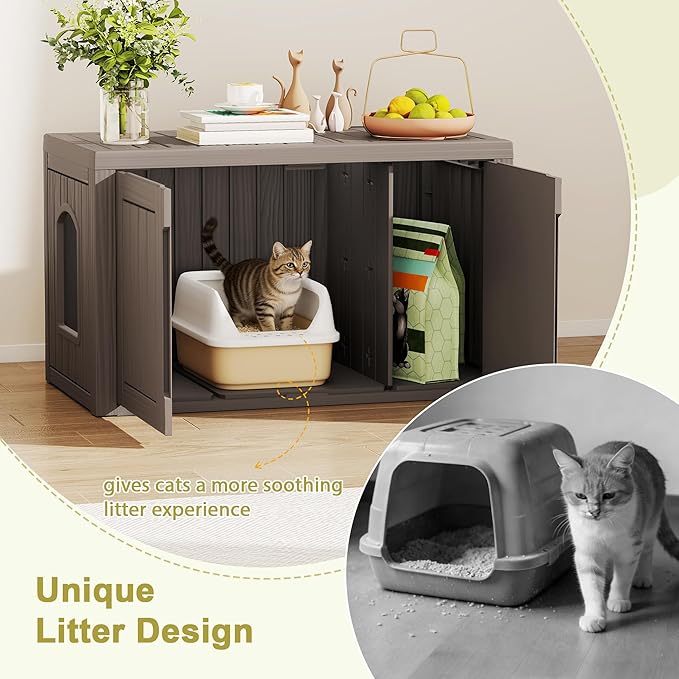 Cat Litter Box Enclosure, Hidden Enclosed Litter Box Furniture with Adjustable Partition, Multi-Functional Outdoor Cat House, Side Table, Easy to Clean, Dark Gray