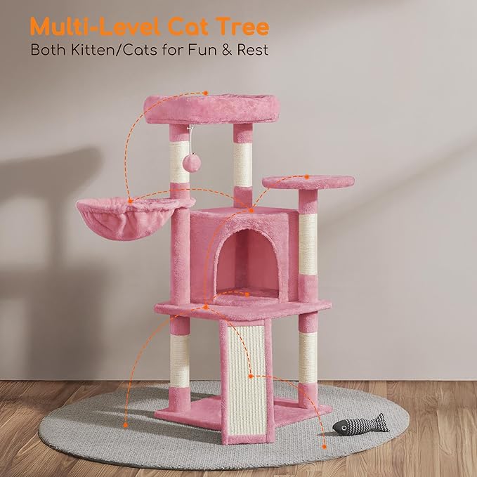Yaheetech Cat Tree, 42in Play Tower for Indoor Cats, Kitten House with Large Perch & Scratching Posts & Cozy Condo & Scratching Ramp, Cat Furniture Activity Center, Pink