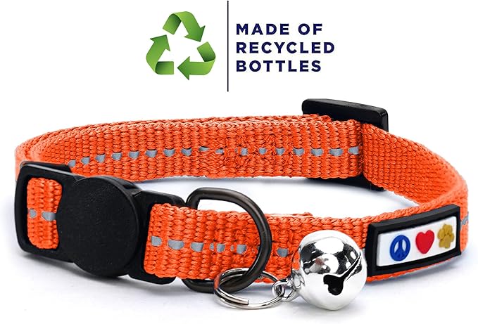 Pawtitas Recycled Orange Reflective Cat Collar – Eco-Friendly Breakaway Safety Buckle, Adjustable Kitten & Adult Collar with Removable Bell and High-Visibility Strap