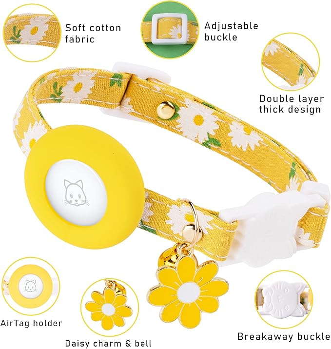 Airtag Cat Collar, JXFUKAL Kitten Collar Breakaway with Silicone Airtag Holder, Bells & Flower Charm for Girl Cats Boy Cats Small Dogs(Yellow)