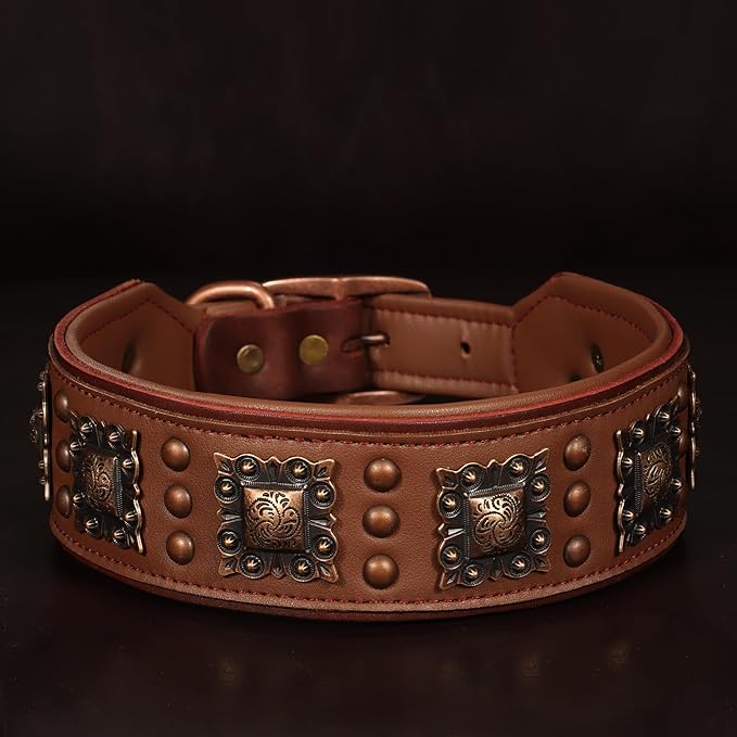 PET ARTIST Upgrade Padded Leather Dog Collar, 2 inch Wide Genuine Leather Dog Collars with Strong Studded Rivet & Metal Buckle, Adjustable Large Dog Collar for Pit Bull Doberman,Brown,Neck 19-22"