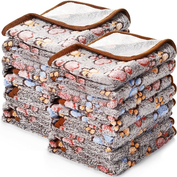 Tegeme 8 Pcs Fleece Dog Blankets for Small Dogs Cat Soft Coral Velvet Warm Sleep Mat Fluffy Dog Paw Print Blanket for Kitten Doggy Small Animal(24 x 16 Inch,Dark Gray)