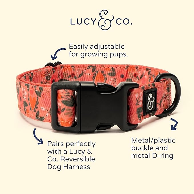 Lucy & Co. Posy Pink Dog Collar - Durable Lightweight Designer Collar for Pets - Adjustable Metal Safety Buckle - Coral Pink Floral - Small