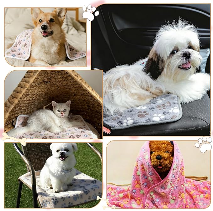18 Pcs Dog Blankets for Small Dogs Washable Soft Fluffy Fleece Puppy Blankets for Pets Cute Paw Printed Throw for Indoor Cats Kitten Crate (Camel, White, Pink, Gray, Yellow, Dark Gray, 23 X 16 Inch)