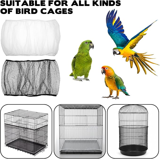 2pcs Large Bird Cage Seed Catcher Guards, Breathable Airy Nylon Mesh Material, Prevents Seed Mess, Acts as Stretchy Cage Guard, Fits Budgie, Cockatiel Various Bird Species (Black, White)