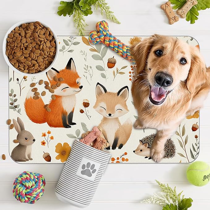 Fox Hedgehog Rabbit Forest Dog Cat Food Mat,Absorbent Pet Feeding Mat with Rubber Backing,Non-Slip Water Bowl Placemat,Indoor Pet Accessories Supplies 12"x20"