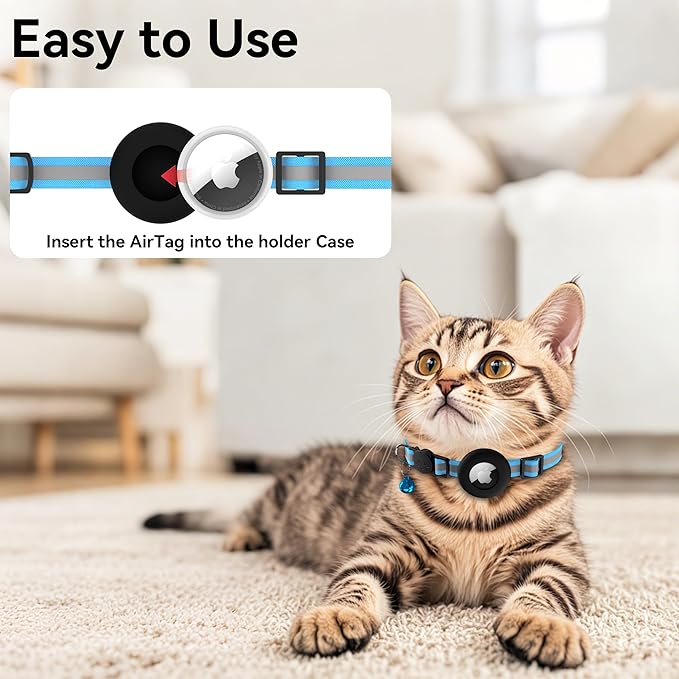 Vanjua 2 Pack Airtag Cat Collar Breakaway with Bell, Reflective Kitten Collar with Air Tag Cat Collar Holder Case for Girl Boy Cats, Pet Supplies Accessories (Black A+Blue A)
