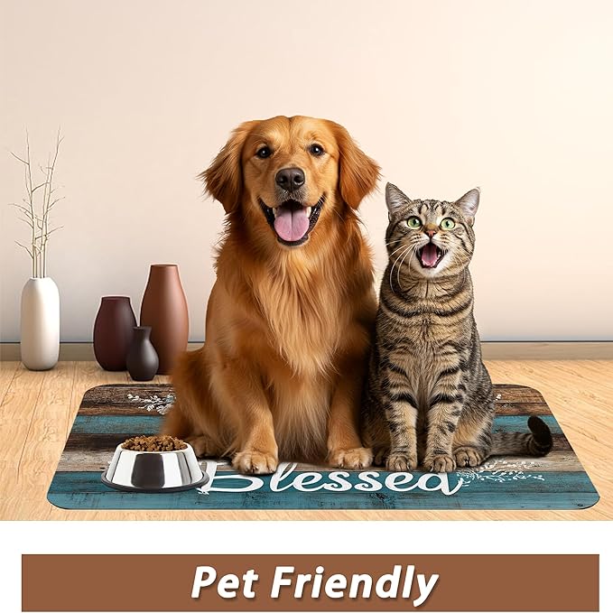 Thankful Grateful Blessed Dog Cat Food Mat,Vintage Wooden Absorbent Pet Feeding Mat for Food and Water, Non-Slip Dog Bowl Mats Floor Protector 16"x24"