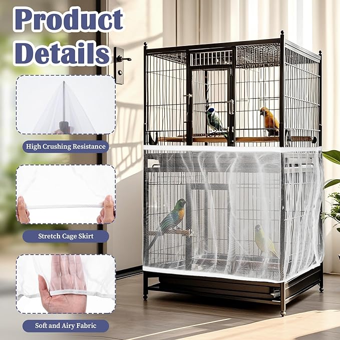2Pcs Bird Cage Seed Catcher, Soft Airy Bird Cage Net Guard Net Cover Stretchy Universal Birdcage Accessories Suitable Round Square Cages (Circumference 55 Inch to 70 Inch Black White)