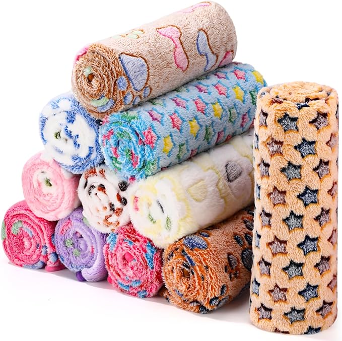 Tatuo 12 Pieces Puppy Blanket Warm Cat Dog Sleep Mat Pet Kitten Fleece Doggy Blankets with Cute Dog Paw Bone Star Elephant Patterns Printed Fluffy Blanket for Small Cat Puppy (41 x 30 Inch)