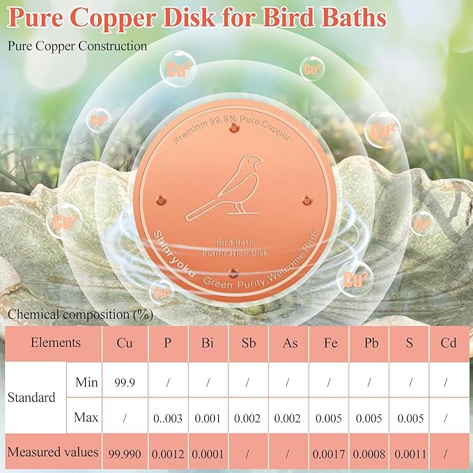 Bird Bath Copper Disk, Premium 99.99% Pure Copper, Less Cleaning Frequency, 0.6mm Pure Copper Cleaning Disk, Bird Bath Accessories, Physical Safe Water Purify Outdoor Bird Bowls