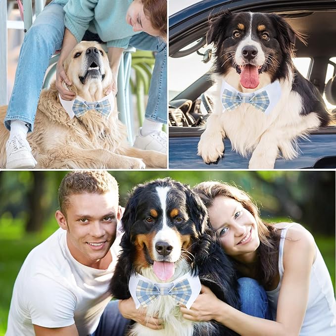 Segarty Dog Bow Tie Neck Girth 16.5-21.2in, Adjustable Blue Plaid Bowtie Collar for Extra Large Dogs, Dog Tuxedo Comfortable Cotton Boy Pet Grooming Accessory for Formal Wedding Holiday Birthday Party