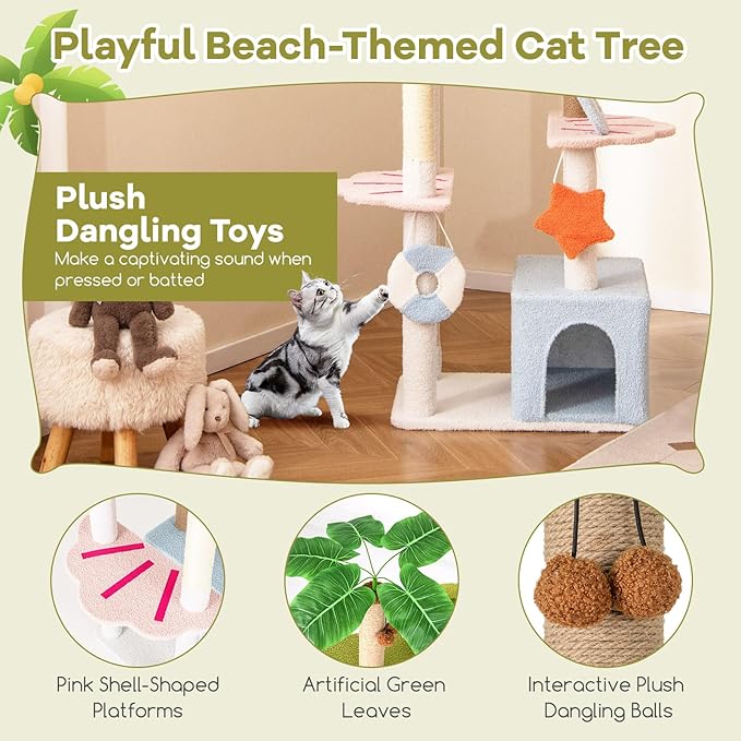 Tangkula 71 Inch Tall Cat Tree, Multi-Level Aesthetic Beach-Themed Cat Tower with Sisal & Jute Scratching Posts, 2 Cat Condos, Perch, Artificial Plant, Hanging Toys, Indoor Cat Activity Center