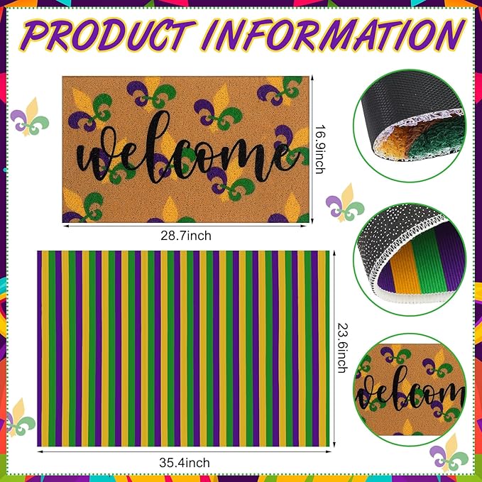 Tinideya 2 Pcs Mardi Gras Door Mat Carnival Welcome Non Slip Coir Mats Purple Yellow Green Stripe Floor Layering Doormats Seasonal for Front Porch Entryway Decor(Mardi Gras)