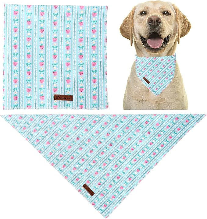 Summer Dog Bandana, UP URARA PUP Strawberry and Bowknot Triangle Bid Scarf for Medium Large Dogs, Cotton Kerchief for Girl Boy Puppies, Cute Spring FloralBandana,S