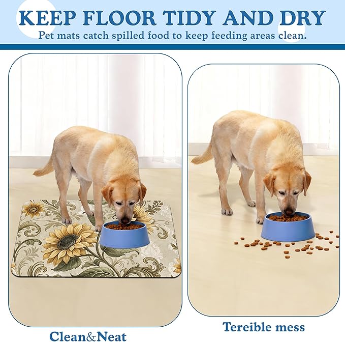 Vintage Sunflower Pet Feeding Mat for Floors–Christmas Stocking Absorbent Quick Dry Dog Cat Bowl Mat for Food and Water, Non Slip Waterproof Base, Mess-Free Feeding Accessories 16"x24"