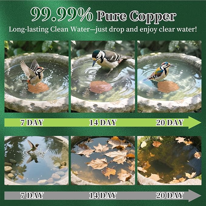 Bird Bath Copper Disk, 99.99% Pure Copper Metal Disc Bird Bath Cleaner for Outside Bowl Physical Safe Outdoor Water Purify Accessories (3-Point Support Design)