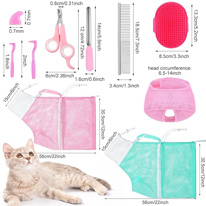 10 Pcs Cat Bathing Bag Set Pet Mesh Shower Bag Anti Bite and Scratch Pet Grooming for Washing Brush, Cat Muzzle, Nail Clipper, Nail File, Tick Tool(Blue and Pink)