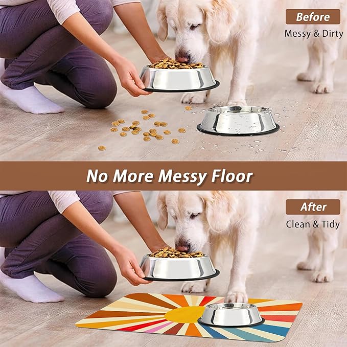 Retro 70s Rainbow Sunrise Swirl Dog Cat Food Mat,Absorbent Pet Feeding Mat for Food and Water, Non-Slip Dog Bowl Mats Floor Protector 16"x24"