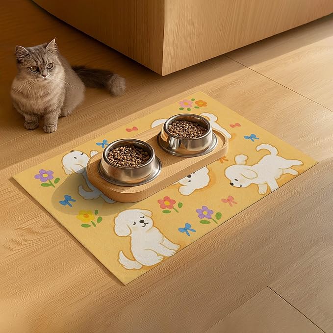 Bichon Frise Pet Food Mat Cute Spill-Proof Dog Water Bowl Mat Funning Mats for Cat Food and Water Bowls Cute Easy Clean Dog Bowl Mats Pet Placemat 20" x 12" Fast Dry Pets Feeding Pad