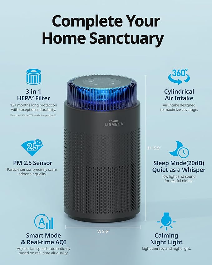 COWAY Air Purifiers for Bedroom Home up to 810 ft², HEPA Filter for Smoke, Allergies, Pet Dander, Odor, AQI Monitor, Auto&Sleep Mode, Timer, Filter Indicator, Night Light, 3yr Warranty, 100 Black