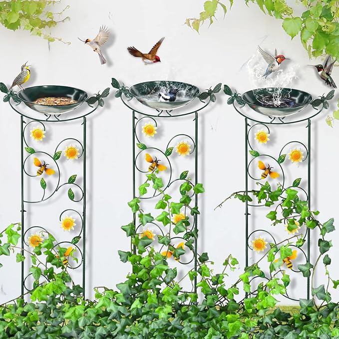 HONGLAND 36.5" Metal Bird Bath with Trellis, Outdoor Garden Birdbath with Detachable Bowl & Climbing Plant Support, Decorative Bird Feeder Station with Bee for Yard, Patio, Fence