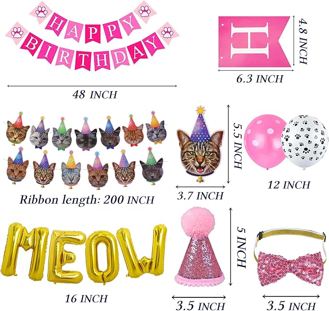 STMK Cat Birthday Party Supplies - Hat, Bandana, Bow Tie, Collar, Banner, Garland, Meow Letter Balloons, Kitten Outfits - Pink