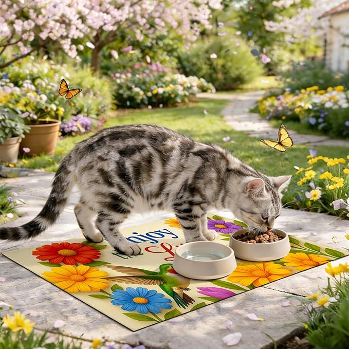 Hummingbird Pet Feeding Mat 24" x 16" Spring Design Non Slip Dog and Cat Bowl Mat Easy Clean Pet Food Mat Absorbable Pet Placemat for Dog and Cat Fast Dry Food Mat for Pet Bowls Cat